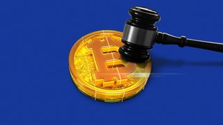 An illustration of a gavel placed on a platform made of Bitcoin.